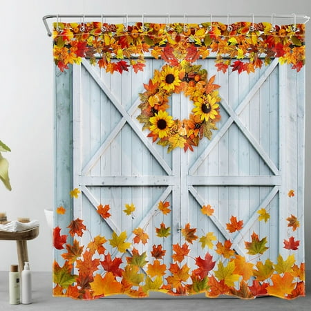 HVEST Maple Leaves Shower Curtain,Sunflower Blue Barn Door Bathroom Curtain,Farmhouse Harvest Hoilday Bath Curtain Polyester Fabric with Hooks Bath Decor Accessories,72x72 Inches