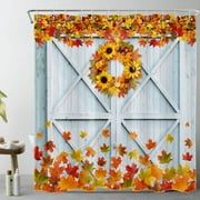 HVEST Maple Leaves Shower Curtain,Sunflower Blue Barn Door Bathroom Curtain,Farmhouse Harvest Hoilday Bath Curtain Polyester Fabric with Hooks Bath Decor Accessories,72x72 Inches