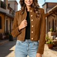 thumbnail image 3 of HomeDM Women's Faux Suede Jacket Button Down Stand Collar Cropped Coat Long Sleeve Outerwear, 3 of 7