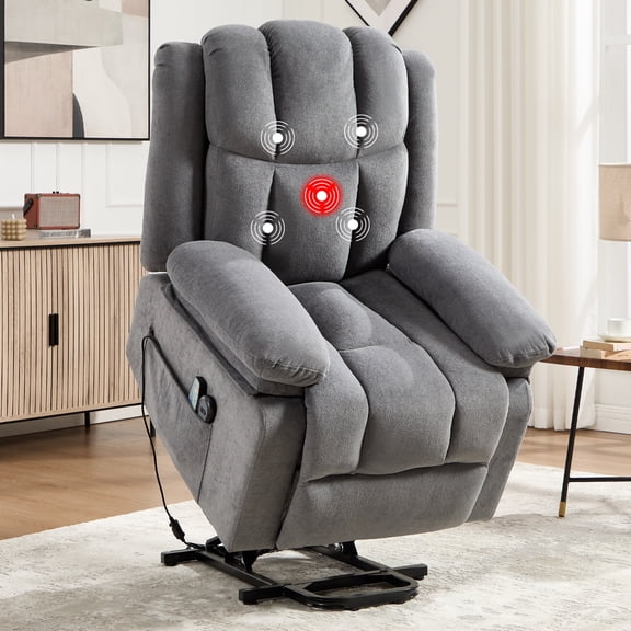 Ebello Microfiber Chenille Electric Lift Recliner Chair with Heat, Massage, Overstuffed Armrest and Backrest for Living Room, Gray