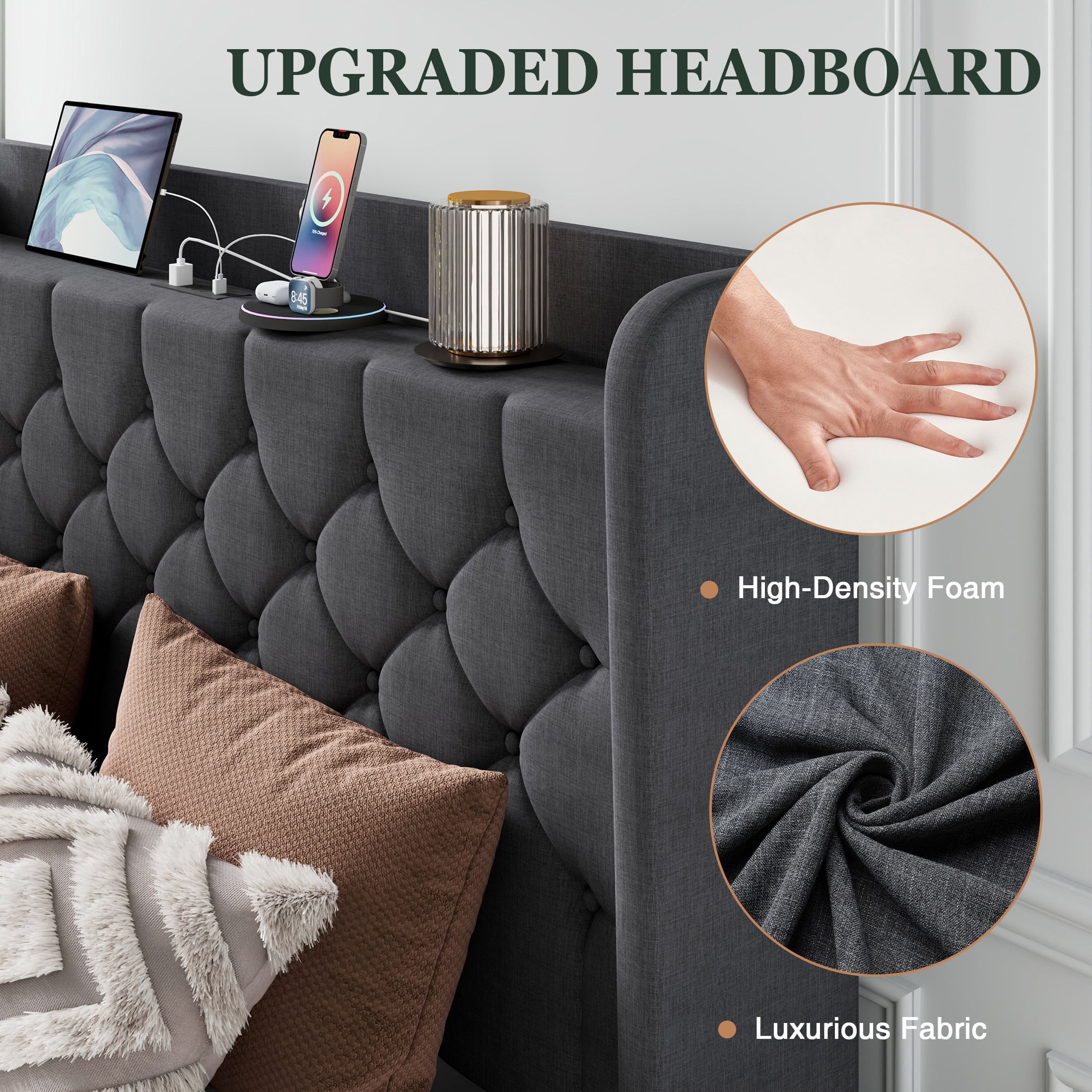 Amolife Full Bed Frame with Storage Wingback Headboard and Fast Charging Hub, Upholstered Platform Bed, No Box Spring Required, Deep Gray