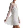 thumbnail image 3 of Women Elegant Long Sleeve Round Neck Sheer Sequin Mini Dress Solid Color Sleeveless Slip Dress 2 Piece Outfit, 3 of 5