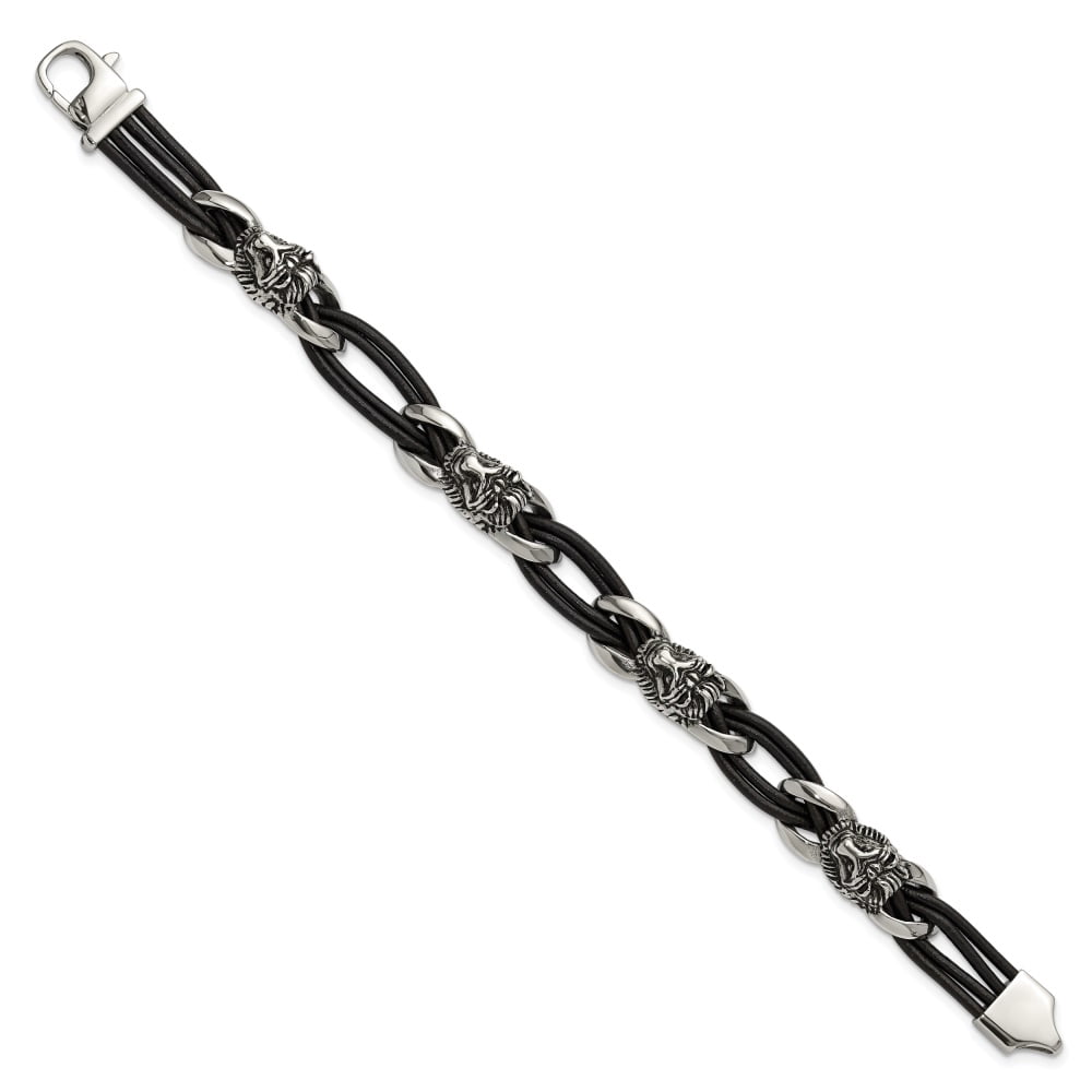 Diamond2Deal Stainless Steel Antiqued and Polished Lion Head Dark Brown Leather Bracelet for Men 8.5"