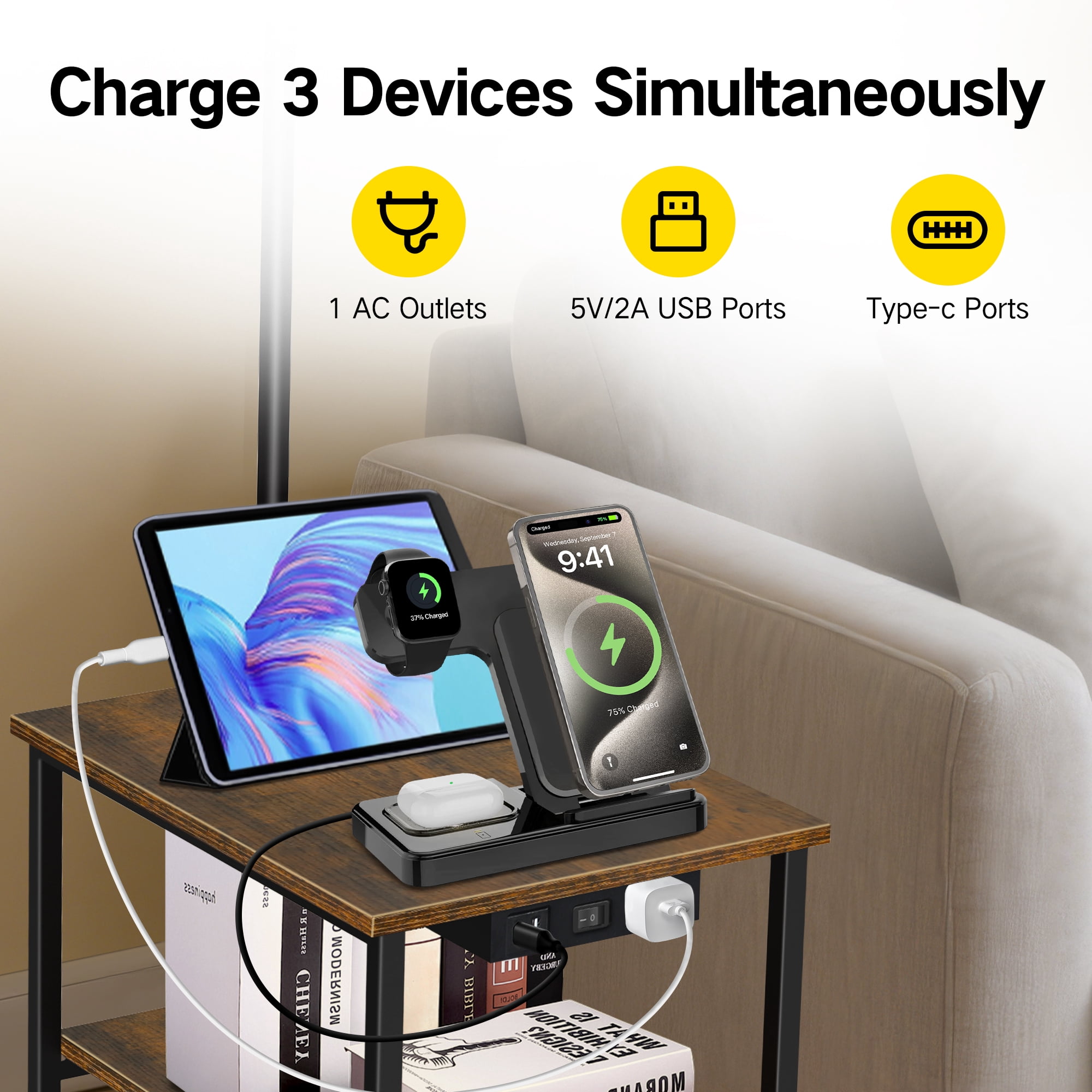 OUTONLIFE Floor Lamp with Table for Living Room with USB & Type C Charging Station, End Table Lamp with 3-Color Temperature LED Bulb for Bedroom, Brown
