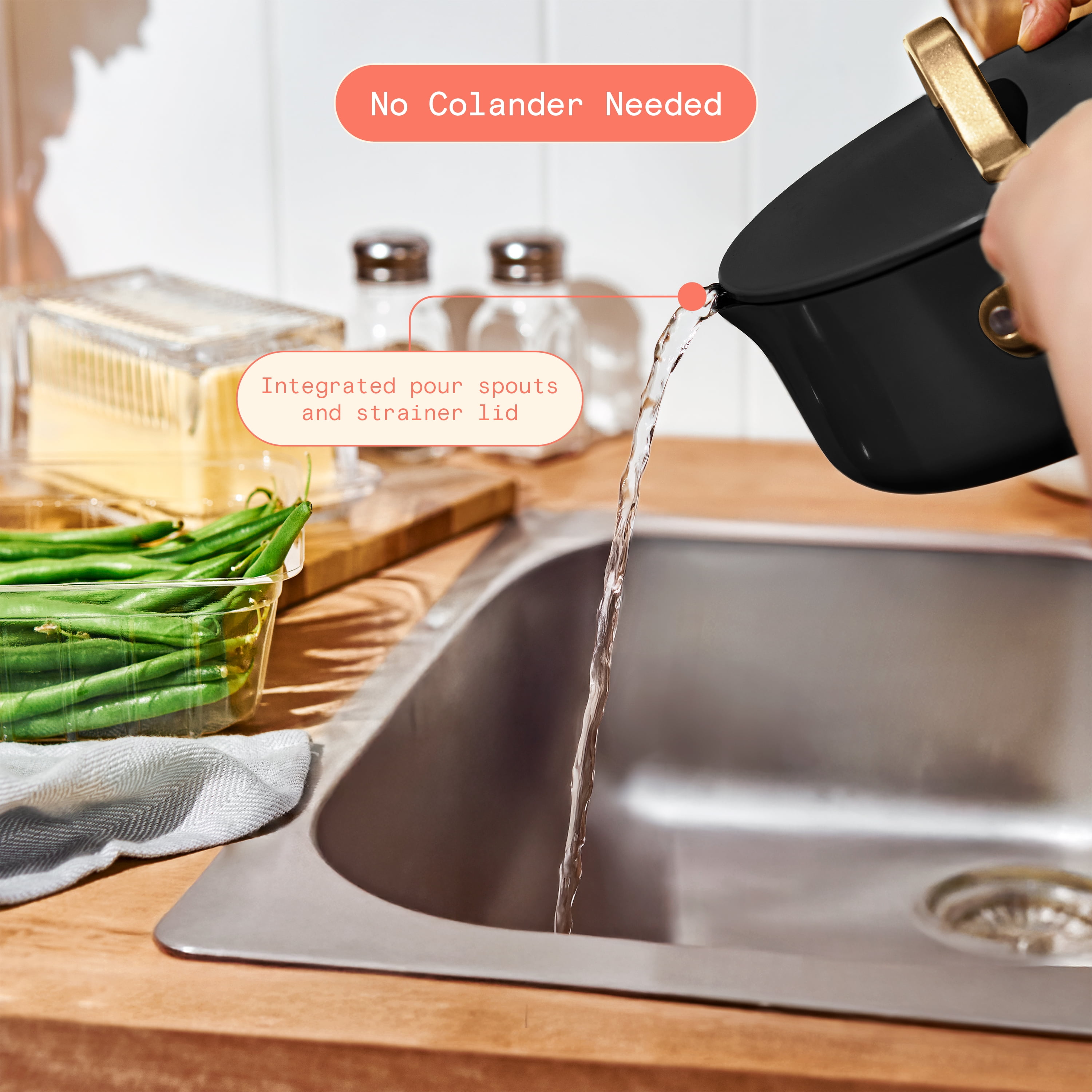 Beautiful 3 Quart Ceramic Non-Stick Covered Sauce Pan with Strainer Lid, Black Sesame by Drew Barrymore