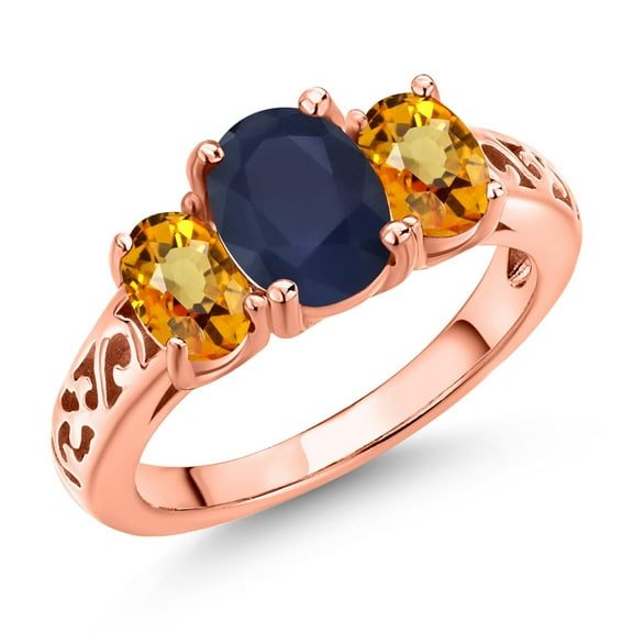 Gem Stone King 18K Rose Gold Plated Silver Blue Sapphire and Yellow Sapphire Filigree Style 3 Stone Ring for Women (3.03 Cttw, Oval 8X6MM and 6X4MM) (Size 9)