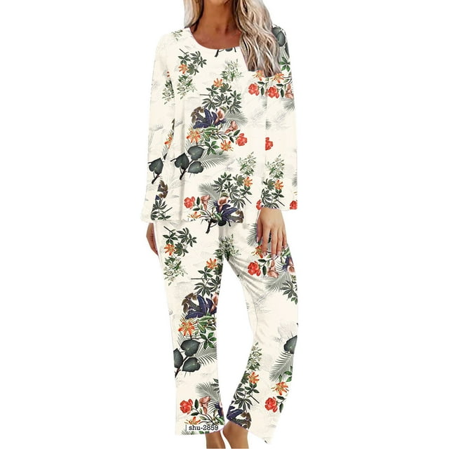 KIHOUT Pyjamas pour Femmes Imprimés Col Rond Manches Courtes Chemise de Nuit et Pantalons Ensembles Vêtements de Détente Pyjamas avec Poches