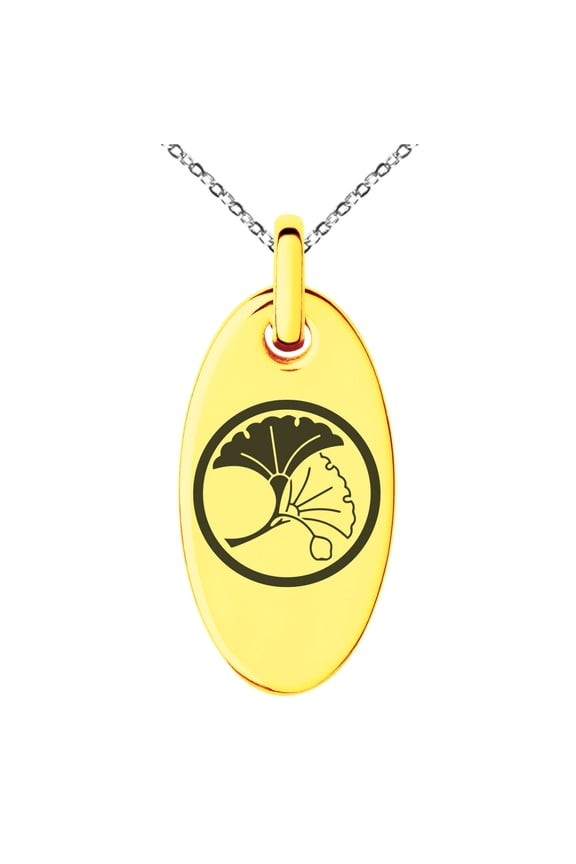 Stainless Steel Yin Yang Ginkgo Leaves Kamon Crest Engraved Small Oval Charm Pendant Necklace