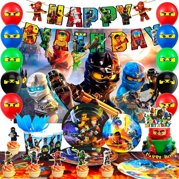 Ninja Birthday Decorations,112pcs Ninjago Party Decorations&Ninja Party Tableware Set- Ninja Decorations Banner Balloons Backdrop Plates Napkins Table Cloths etc Ninjago Birthday Party Supplies