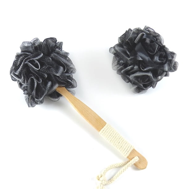 Esponja de ducha de baño, depurador de espalda de lufa, depurador de cuerpo de lufa de malla suave con mango largo de madera, esponja de baño