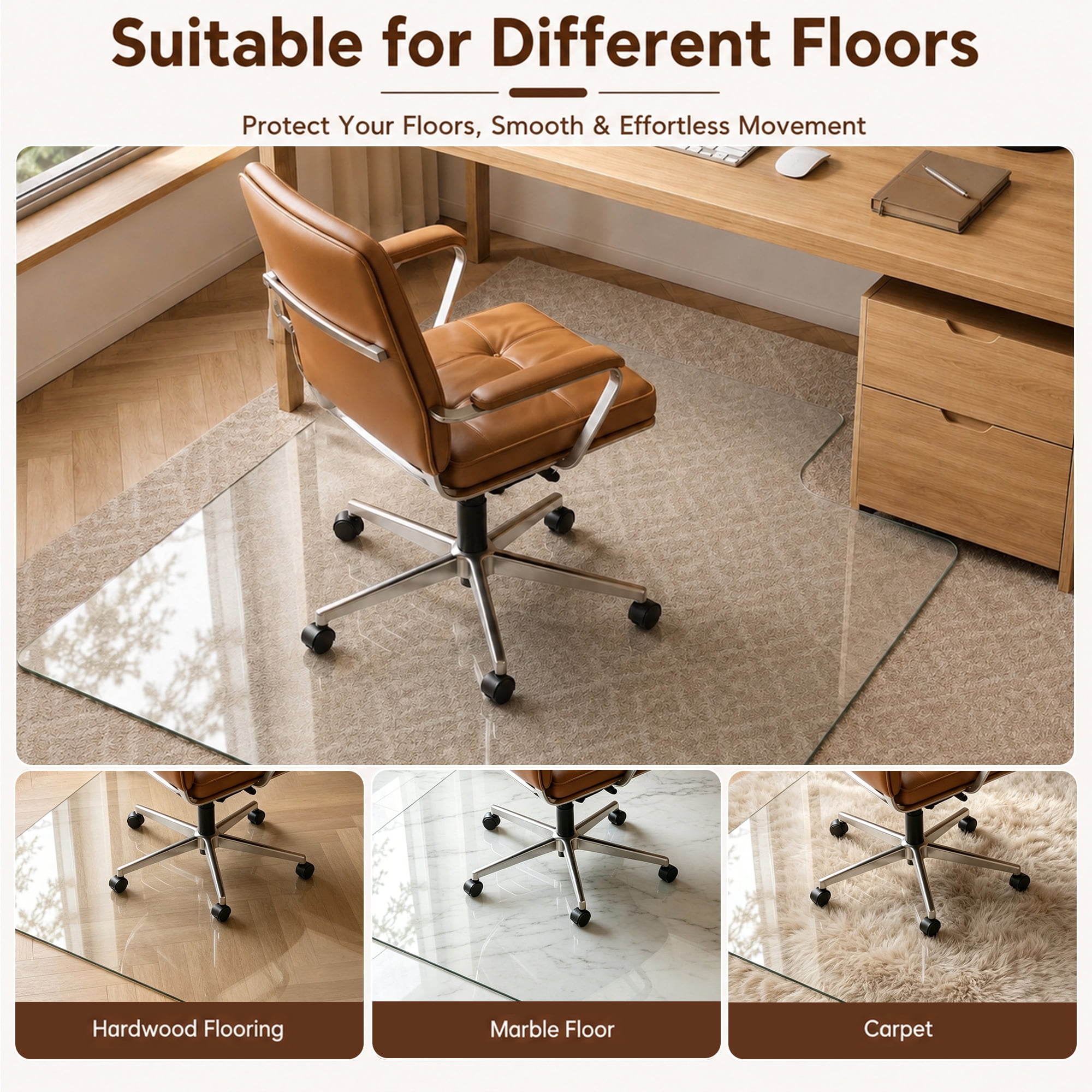 Leumius 36"x 47" Irregular Tempered Glass Chair Mat for Living Rooms Offices
