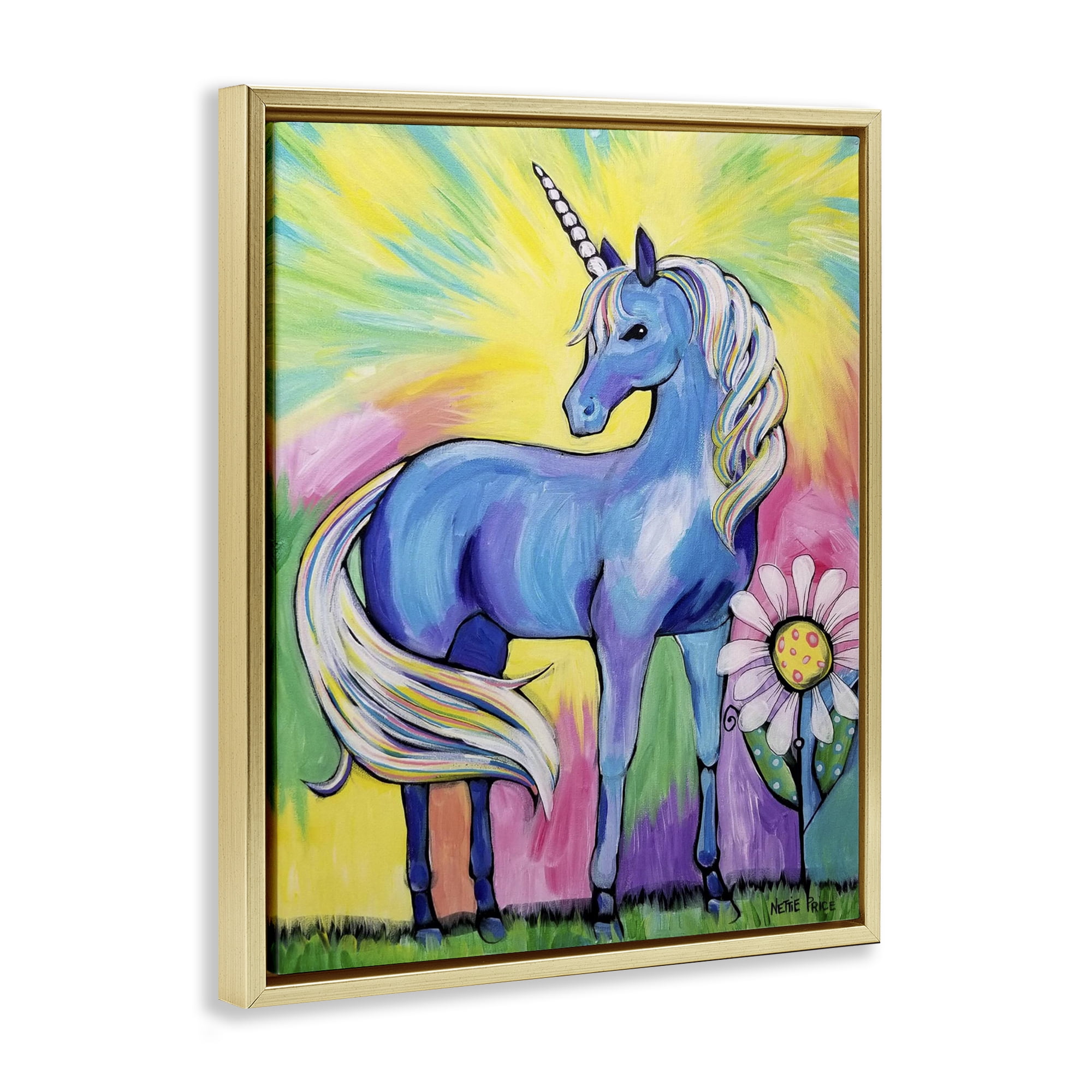Stupell Industries Magical Unicorn in Rainbow Meadow Gold Framed Floater Canvas Wall Art, design by Nettie Price