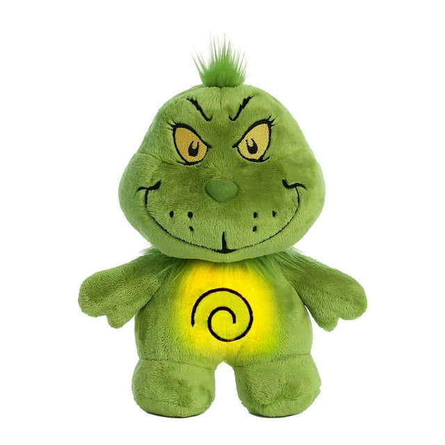 grinch decor nuevo muñeco de peluche de dibujos animados,muñeco de animal,juego periférico,juguetes para niños Peluche verde estilo Grinch, vista frontal centrada, cuerpo entero con felpa suave y relleno interior no tejido tipo perla; ojos y rasgos faciales bordados en amarillo y negro, mechón de pelo verde en la cabeza y espiral luminosa amarilla en el torso; fondo blanco, ideal como decoración navideña y juguete relajante para niños, y a menudo usado como cojín blando para viajes.