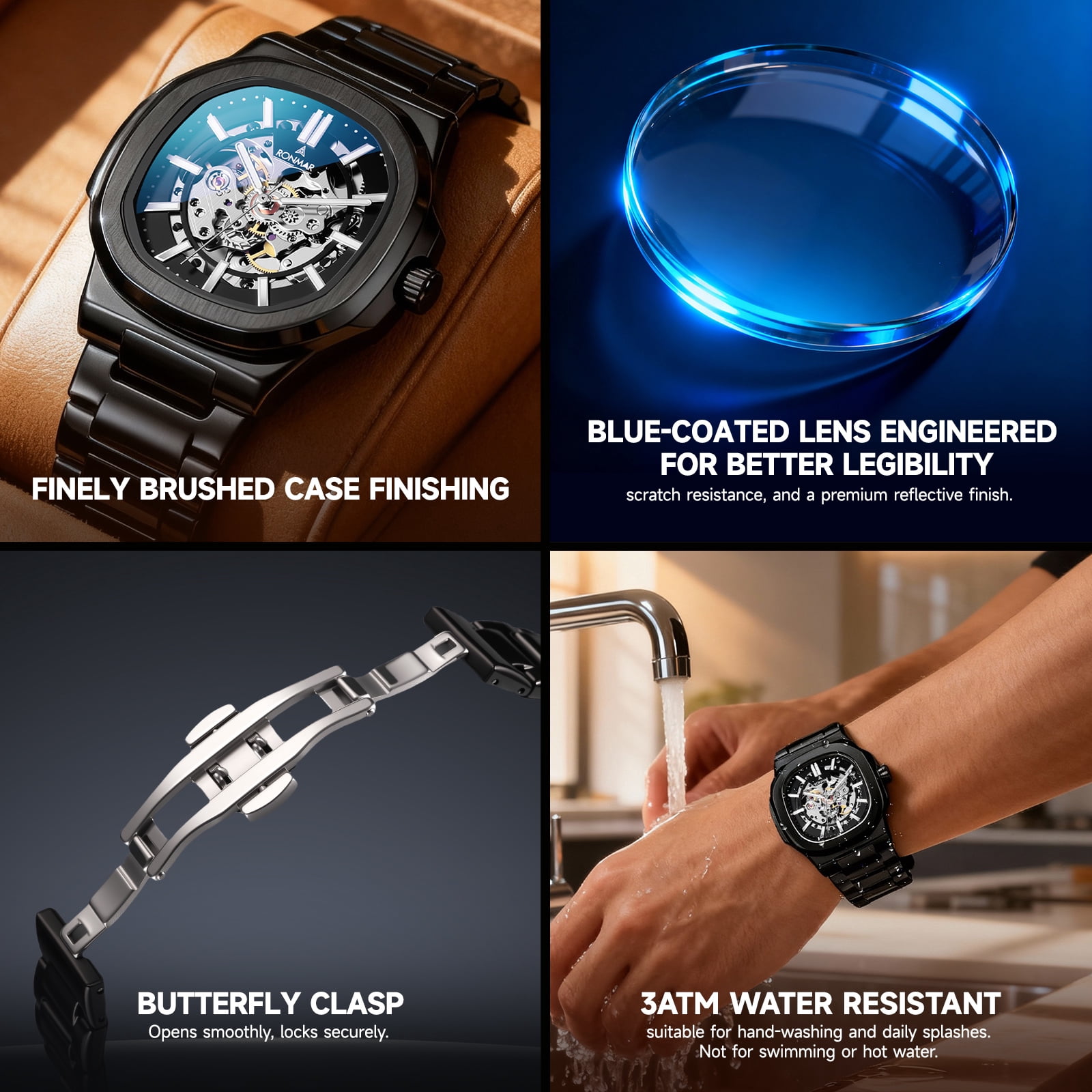 SKMEI Men's Mechanical Skeleton Watch Luxury Big Face Watches for Men with Luminous Stainless Steel Strap