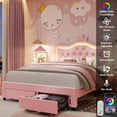 thumbnail image 4 of Homfa Full Size Bed, LED Upholstered Bed with Adjustable Crystal Button Tufted Crown Headboard, Soft PU Princess Platform Bed with Storage Drawers, Pink, 4 of 8