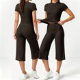 thumbnail image 6 of KPOPLK Womens 2 Piece Workout for Summer Fall Athletic Gym Pilates Yoga Slim Fit Short Sleeve Tee Shirt and Pant Outfit Set Coffee,Size L, 6 of 7