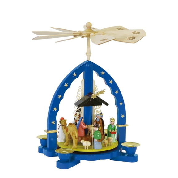 Alexander Taron Richard Glaesser Pyramid Candle Holder with Nativity Scene - 10.5" - Blue