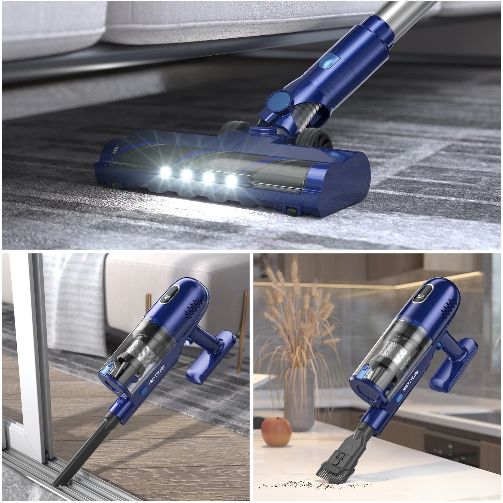 PrettyCare Cordless Vacuum Cleaner, 35Kpa/45min/7-in-1 Stick Vacuum with Foldable Pole, P1-v3