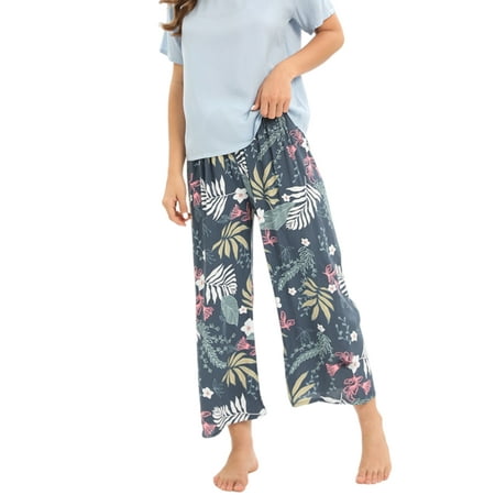 

Bomotoo Ladies Nightwear Short Sleeve Sleepwear Floral Print Pajamas Sets Baggy Nightgown Home Clothes Lounge Set Navy Blue S