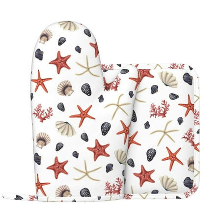 

Oven Mitts and Pot Holders Sets red starfishes shells coral Non-Slip Silicone Oven Gloves Potholders Cotton Lining Heat Resistant Gloves Hot Pads for Kitchen Cooking Baking