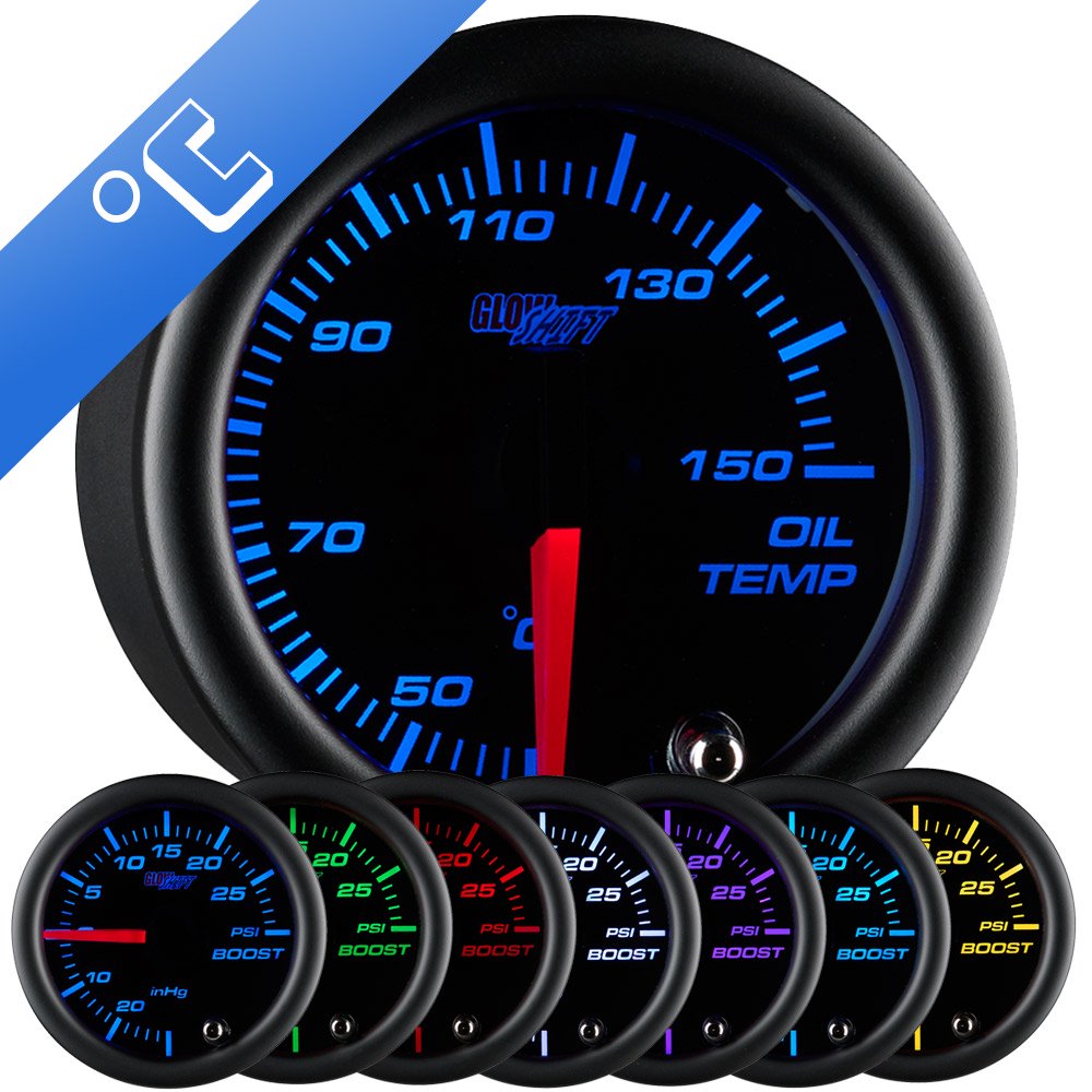 GlowShift Black 7 Color Celsius Oil Temperature Gauge