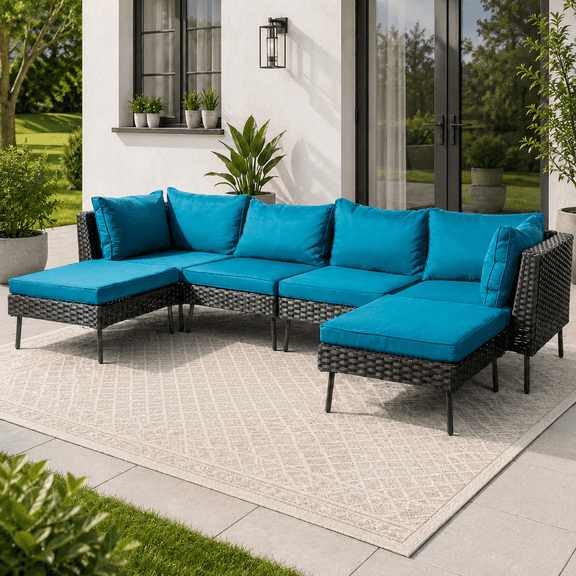 Seizeen 6pcs Outdoor Patio Furniture Set, Rattan Wicker Sectional Conversation Sofa Set w/Thick Cushions, Modular Outdoor Couch for Porch, Backyard, Poolside & Garden