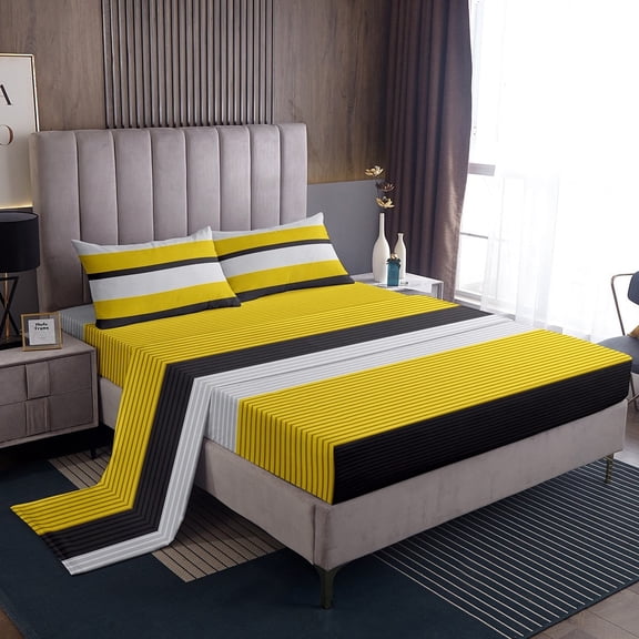 Erosebridal Yellow Stripes Sheet Set Twin,Geometric Lines Bedding Sets Twin Size,Geometric Theme Twin Sheet Sets,Ultra Soft Abstract Room Decor,3pcs