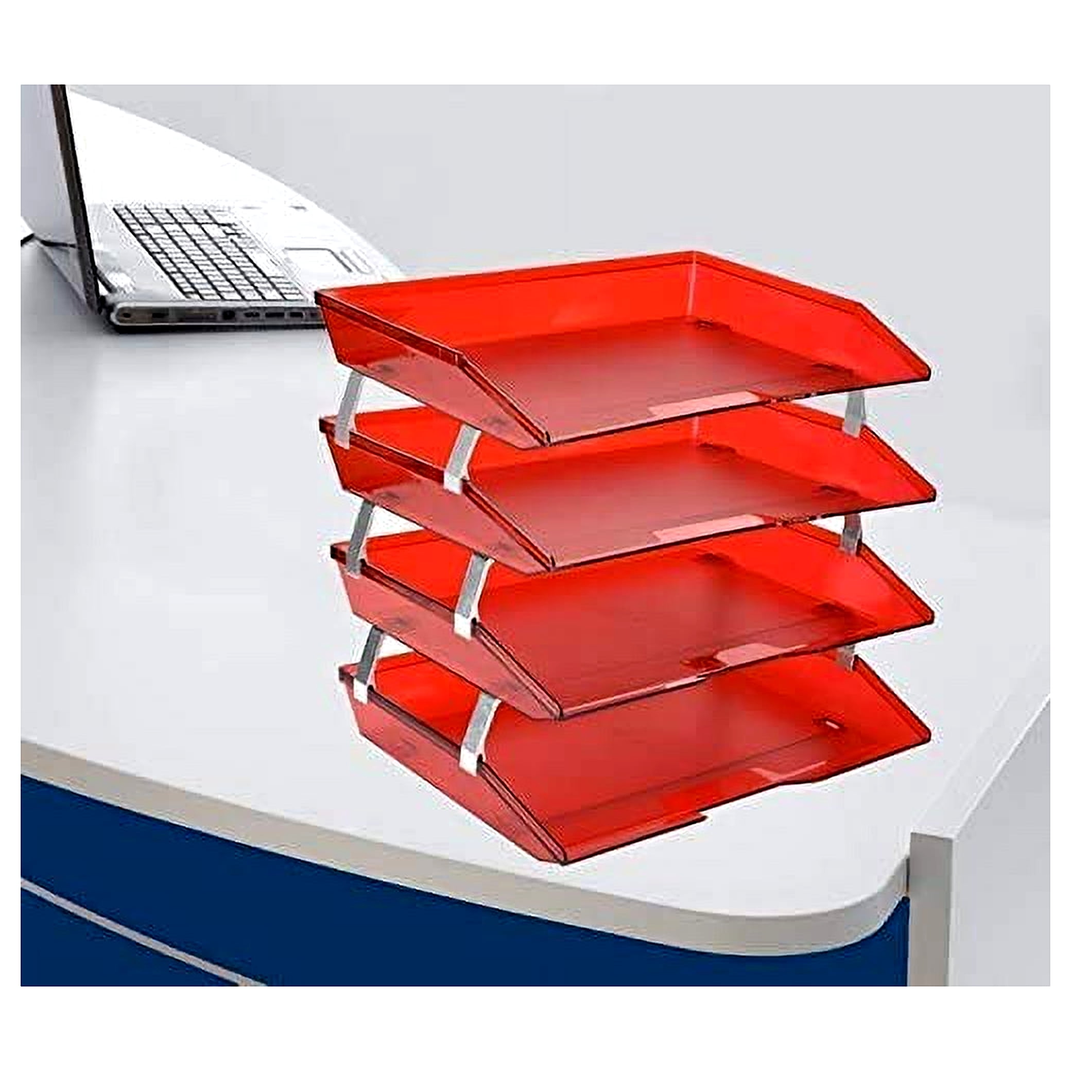 acdanc   Facility 4 Tier Letter Tray Side Load Plastic Desktop File Organizer (Clear Red Color)
