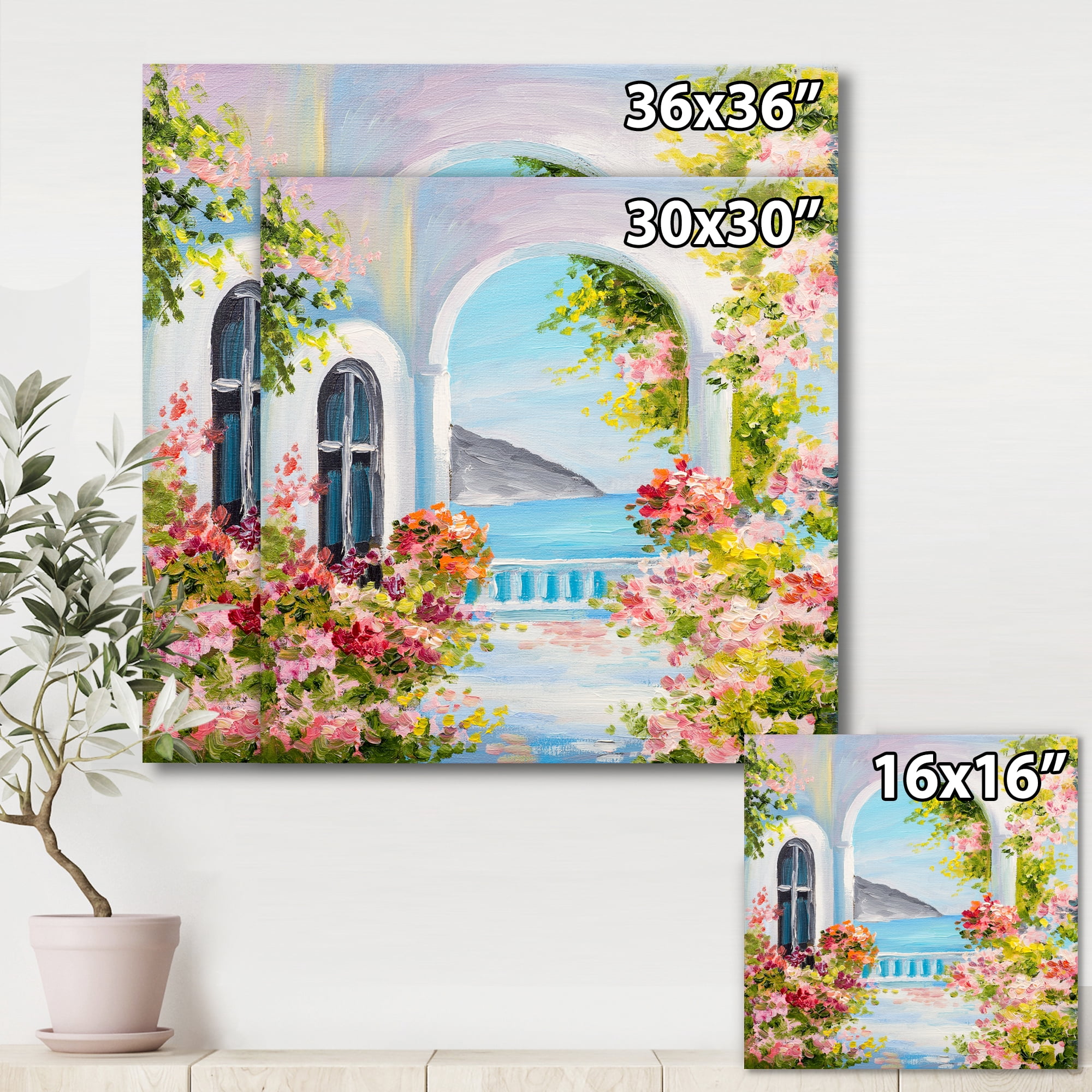 Designart ' Pink Flowers With Traditional Greek House ' Nautical & Coastal Canvas Wall Art Print