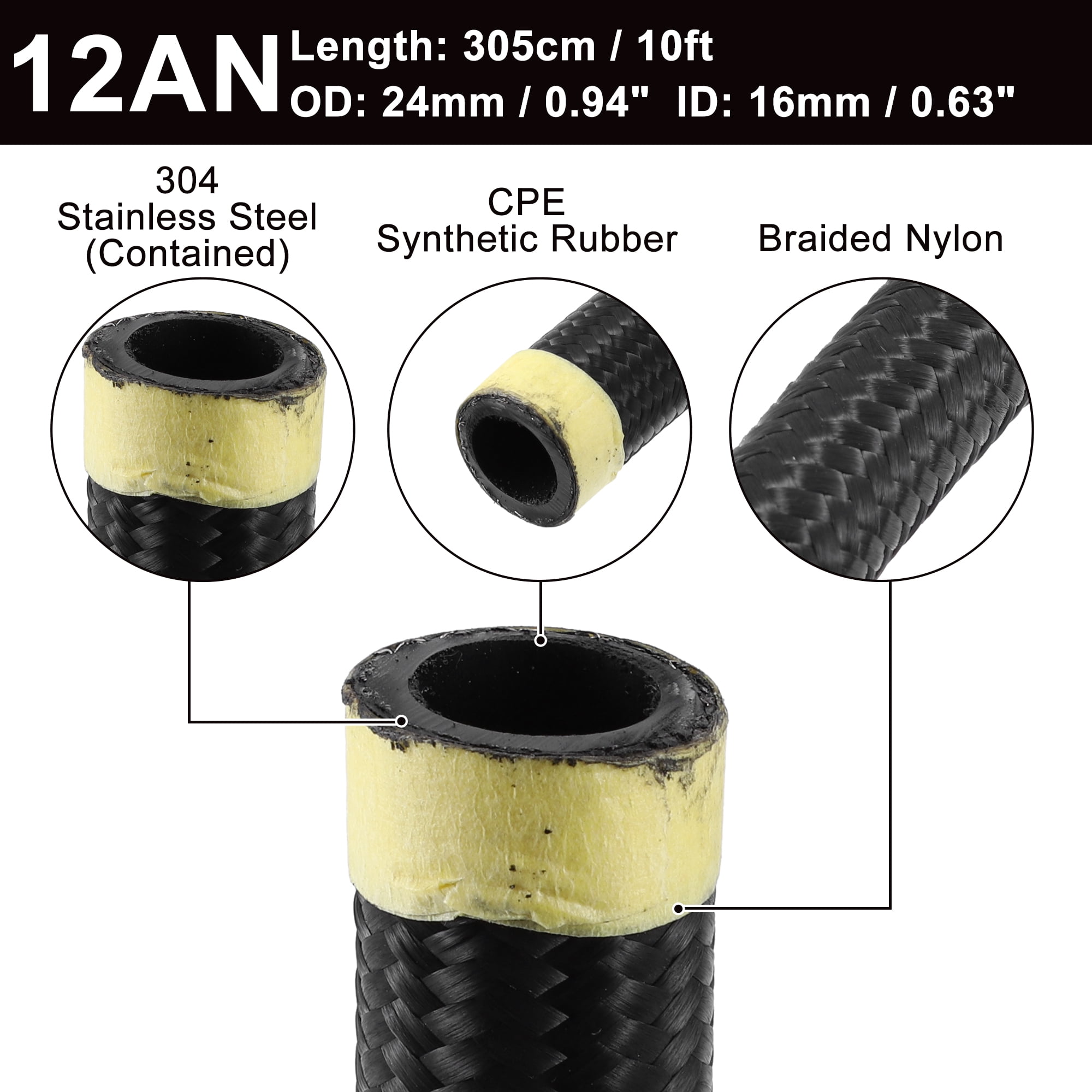 Unique Bargains 10ft 12AN Fuel Hose AN12 Universal Car Braided Nylon Stainless Steel CPE Oil Fuel Gas Line Hose Black