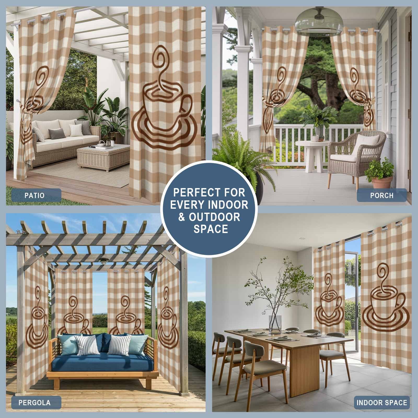 Coffee Cup Outdoor Curtains for Patio, Retro Country Brown Lines Cup Brown Plaid Sunshade Privacy Drapes Grommet Waterproof Outside Curtains for Porch/Cabana/Balcony 54"x 108", 1 Panel