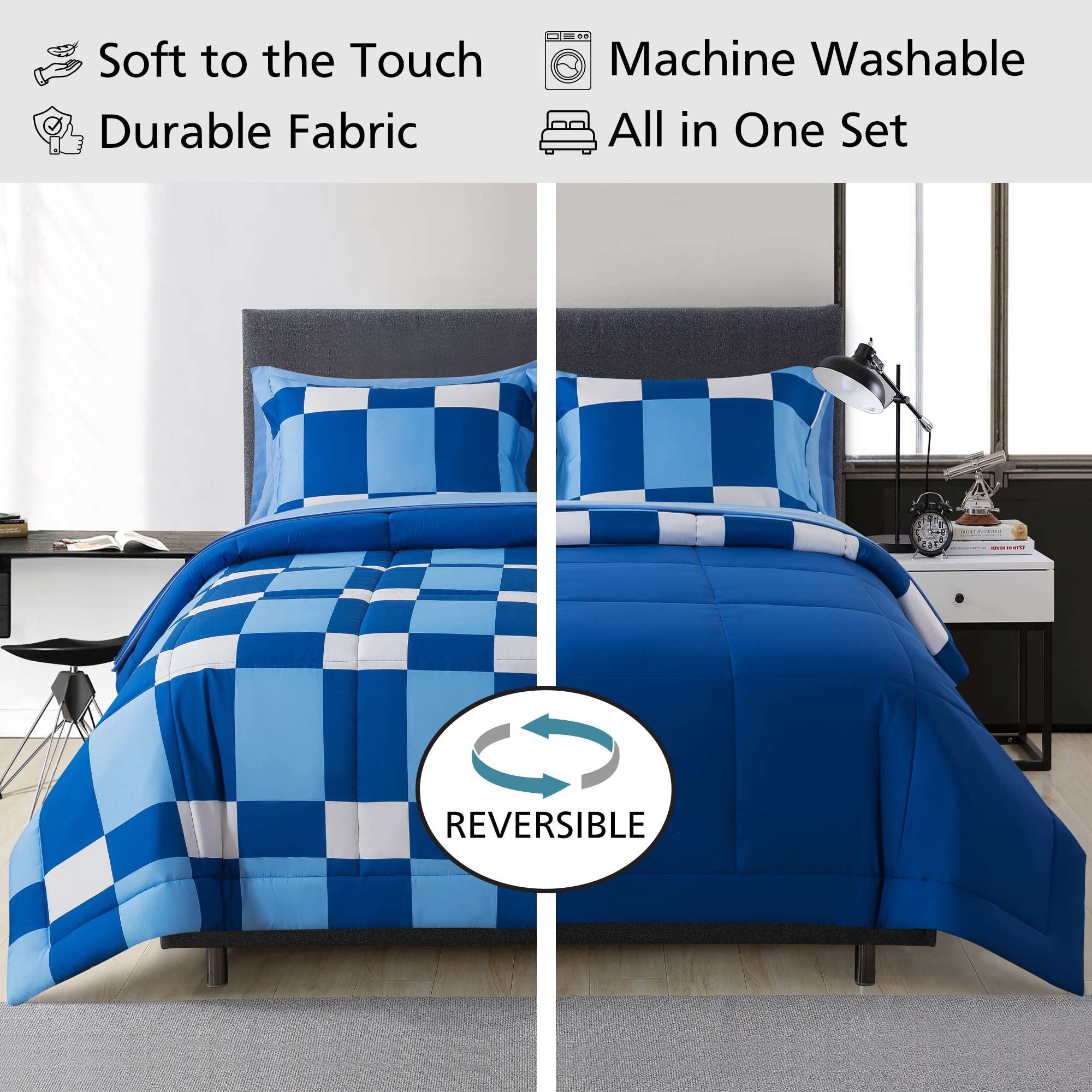 Mainstays 7-Piece Reversible Bed-in-a-Bag with Laundry Tote, Blue Check, Queen