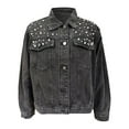 thumbnail image 7 of DHFJKG Women Crop Denim Jacket Fitted Distressed Washed With Pearl Embellishments Button Up Long Sleeve Turndown Collar Cropped Jean Jacket Versatile Coat, 7 of 7