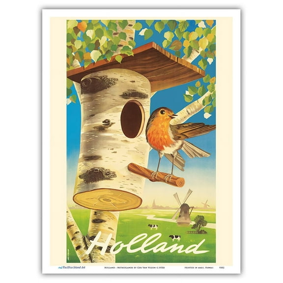 Holland - Netherlands - Tree Trunk Birdhouse Dutch Windmills - Vintage Travel Poster by Cor Van Velsen c.1950s - Master Art Print (Unframed) 9in x 12in