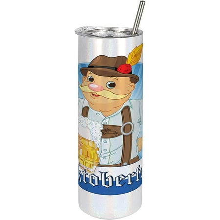

Athenstics Oktoberfest 20 Oz Skinny Tumbler Oktoberfest Bavarian Design and Man Holding Beer Mug Cartoon on Stripes Leak-Proof Straw Lid and Brush Vacuum Insulated for Outdoor Use Orange White Blue