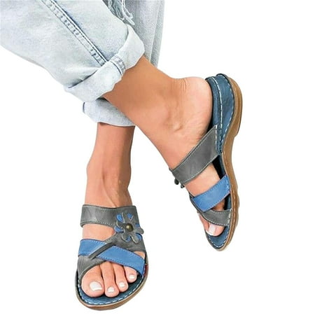 

Sentuca New Casual Slippers Women s Flower Wedge Heel Flat Color Matching Stitched Slippers