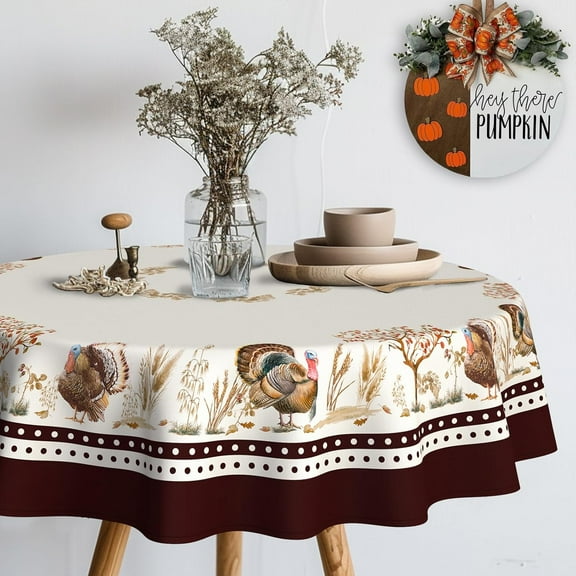 Thanksgiving Turkey Tablecloth Vintage Fall Pumpkin Table Cloth for Kitchen Decoration - 60" X 60" Round