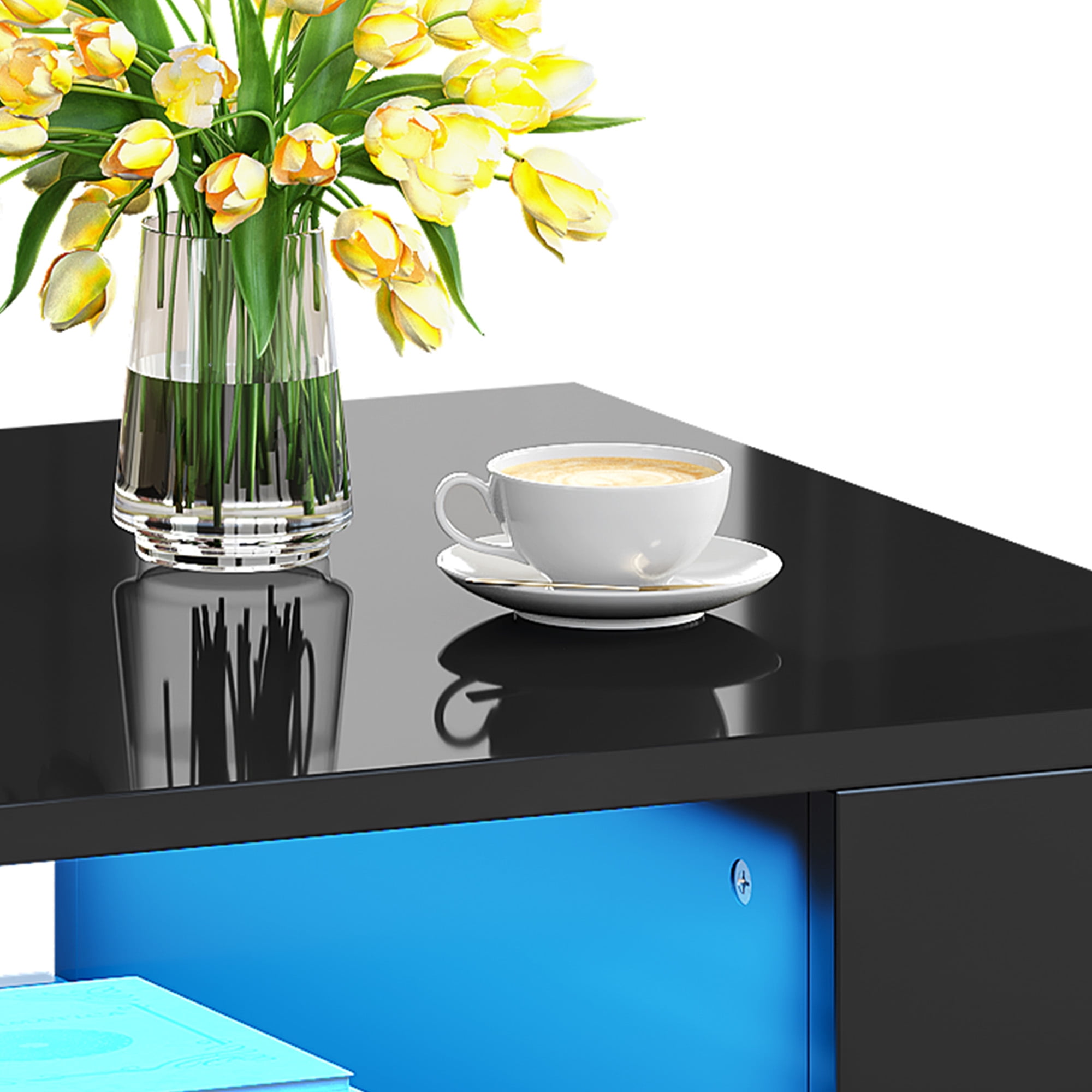 Uforic LED Coffee Tables High Glossy Center Table with 2 Sliding Drawers and Open Shelf, Black