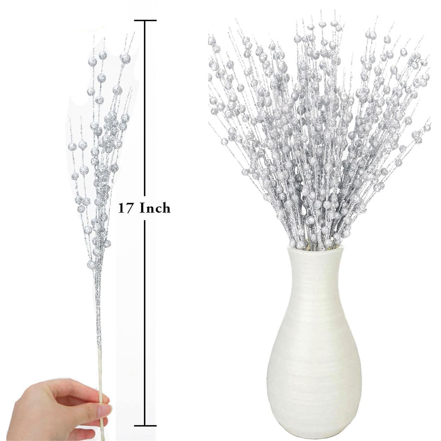 24 Pack Artificial Glitter Berry Stem Ornaments Decorative Bead Sticks,Bexikou 17" Fake Berry Branch Picks Glittery Twigs Branches for Christmas Tree, Small Vase, Holiday, Wedding, Party (Silver)
