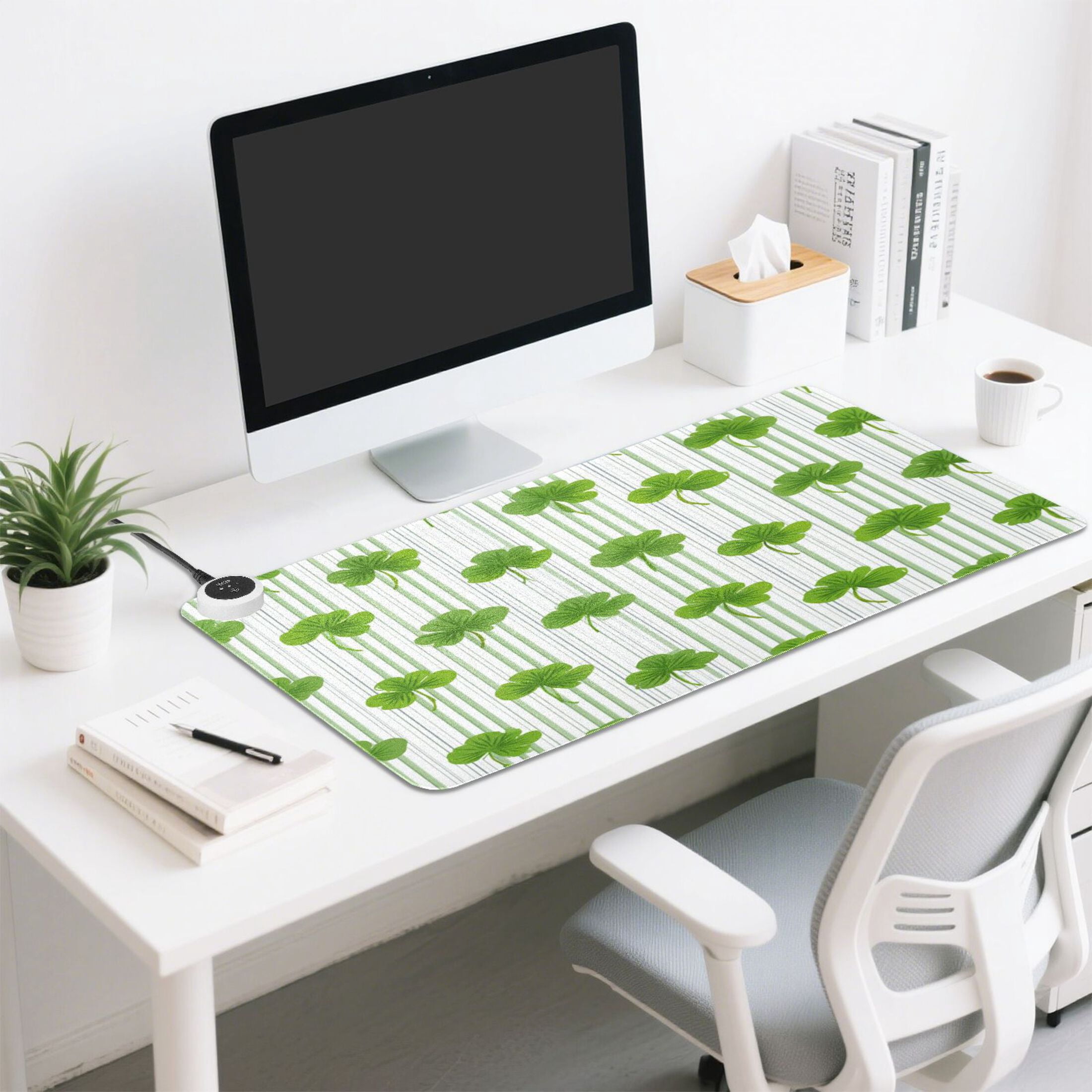 Large Heated Desk Mat Mouse Pad 31.5"x13"PU Leather Graphene Heating Desk Warmer with 3 Temperature Settings 110V US Plug Non-Slip Warm Pad for Home, Office, and Gaming Green Clover Stripe Pattern