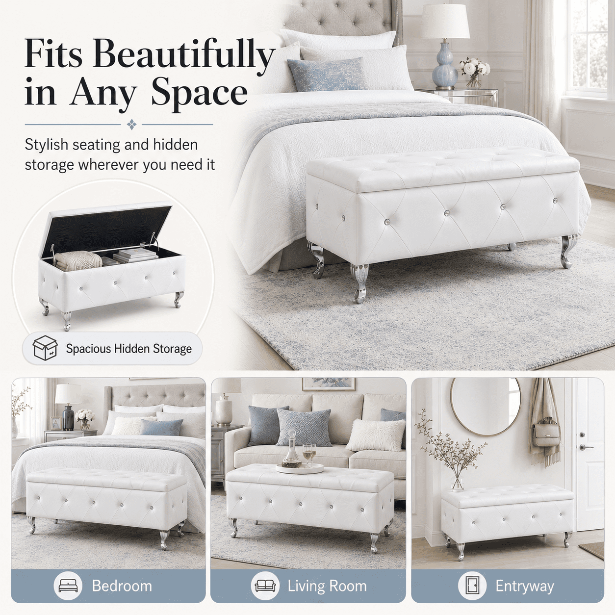 Aukfa 38" Upholstered Storage Ottoman Bench with Hidden Storage, Crystal Tufted Faux Leather Bed Bench, 380 lb, White