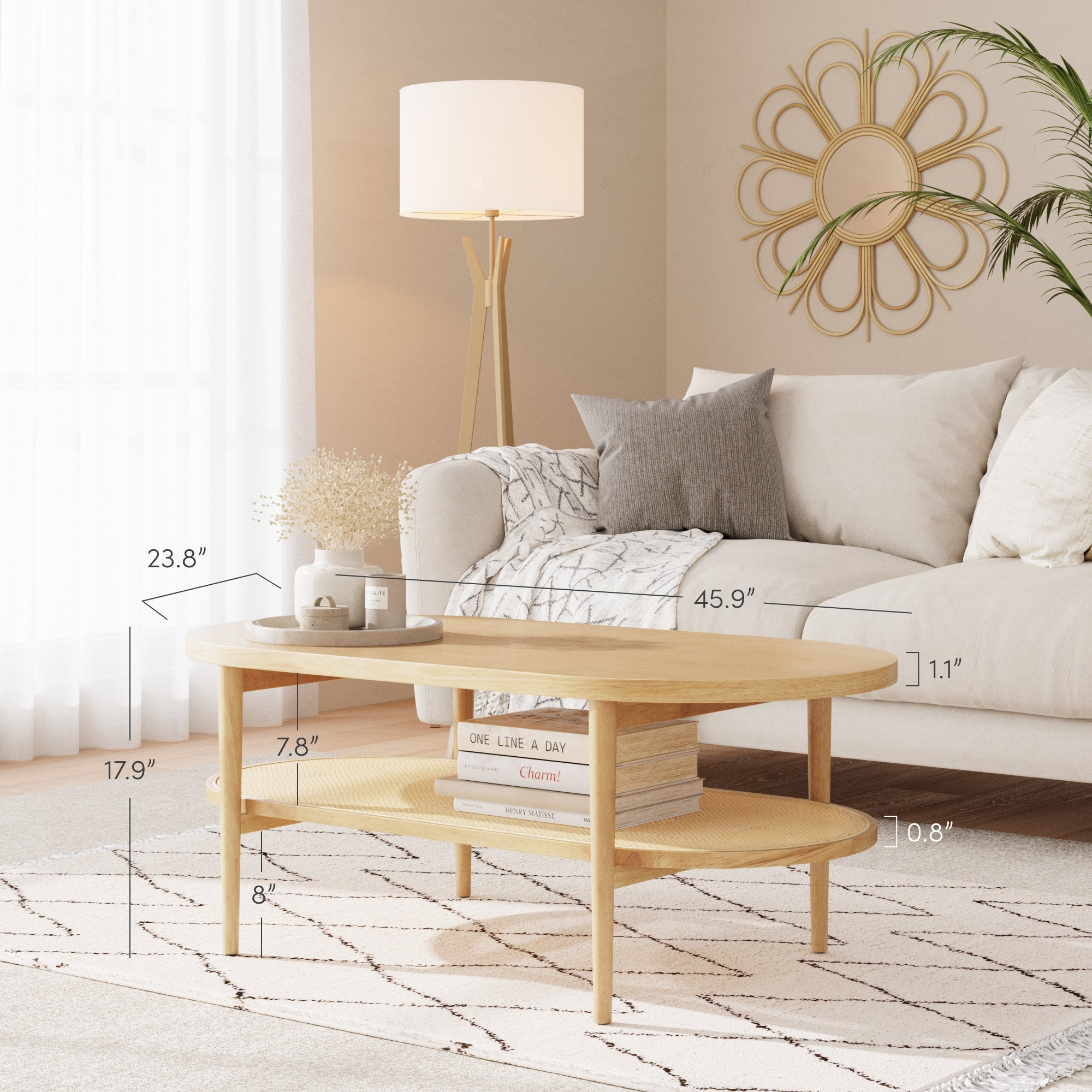 Nathan James Sonia Bohemian 2-Tier Oval Cane Coffee Table in Light Wood With Rattan Storage Shelf