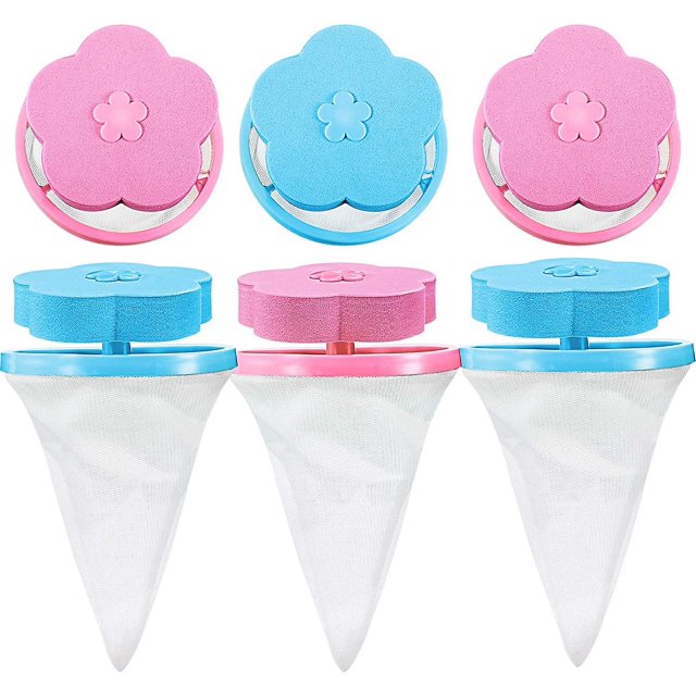 6 piezas atrapadoras de pelusa, bolsa de malla de pelusa, bolsa de malla para el hogar, bolsa de red de filtro de pelo reutilizable, azul y rosa Feliz Sencillez