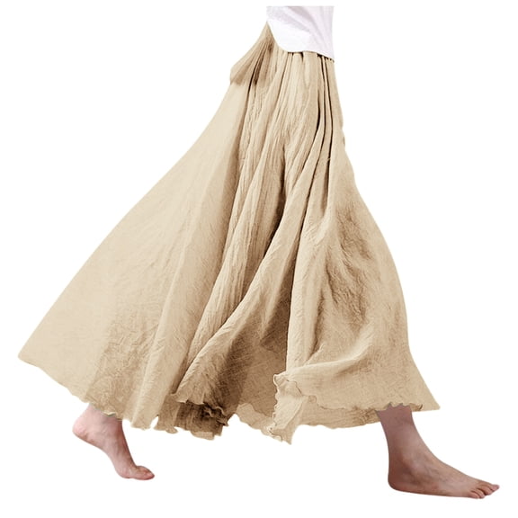felwors Women's Cotton Linen Maxi Skirt - Flowy Boho Long Skirt with Ruffled Hem for Casual, Beach, Summer (Beige, L)