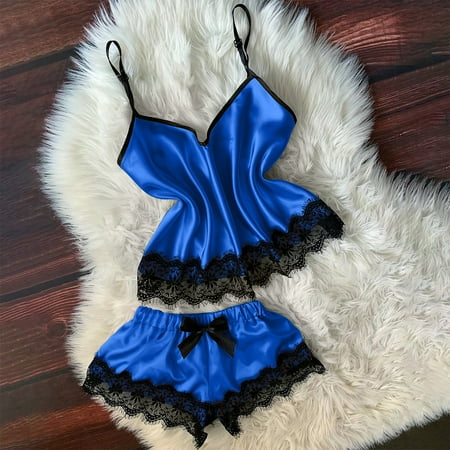 

Rewenti Women V-Neck Eyelash Lace Sexy Stain Camisole Pajamas Bow-knot Shorts Set Blue L(L)