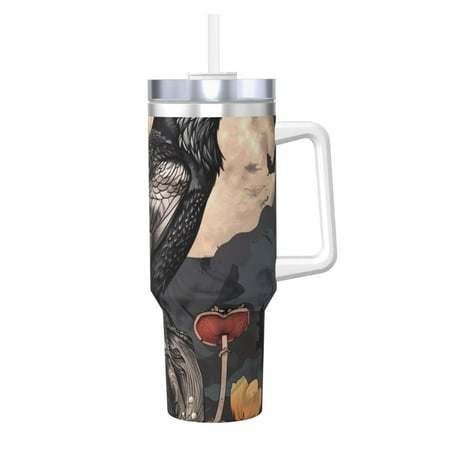 

Gaeub Moonlit Crow Blossoms Print Stainless Steel Hot/Cold Coffee Cup 40oz Ice Bully Cup With Handle And Straw Travel Coffee Cup