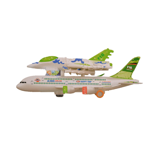 Kids Double -Decker Airplane Toy with Attached F16 Fighters Airplane , Flashing 4D Lights and Sounds, Bump & Go Action