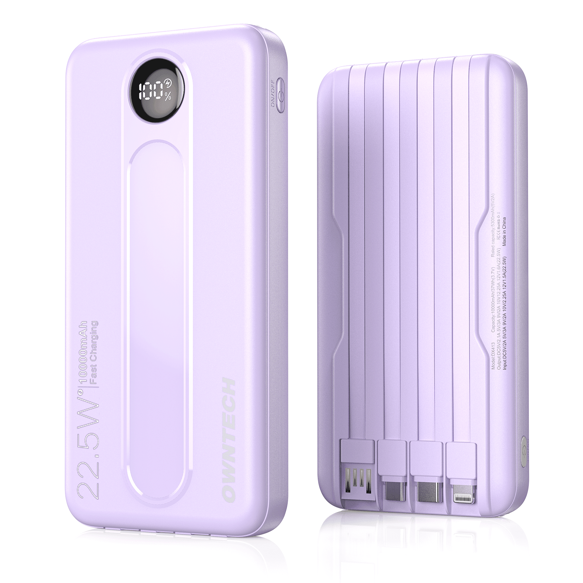 OWNTECH 10000mAh Power Bank, Built-in Cables, 22.5W, Purple