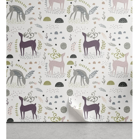 Ambesonne Forest Peel & Stick Wallpaper for Home, Woodland Deer Leaves, 13"x72", Multicolor