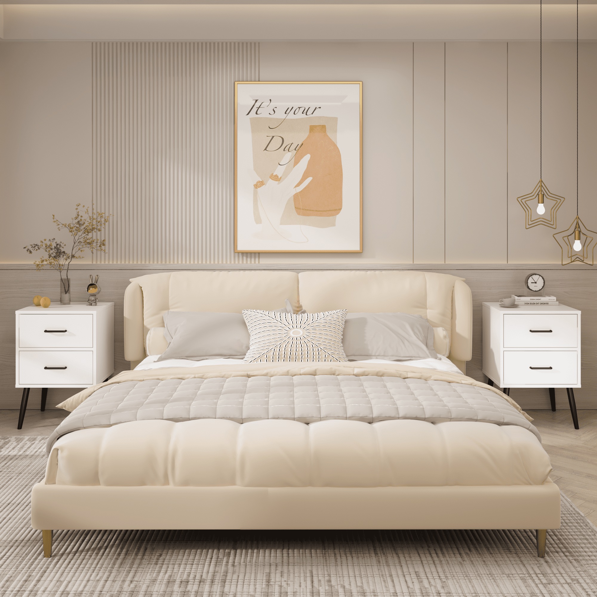 2-Drawer Nightstand with Metal Legs and Metal Handles, Modern White Bedside Table, Small End Table for Bedroom, Living Room or Apartment